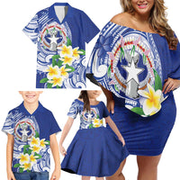 Northern Mariana Islands Family Matching Off Shoulder Short Dress and Hawaiian Shirt Polynesian Pattern With Frangipani