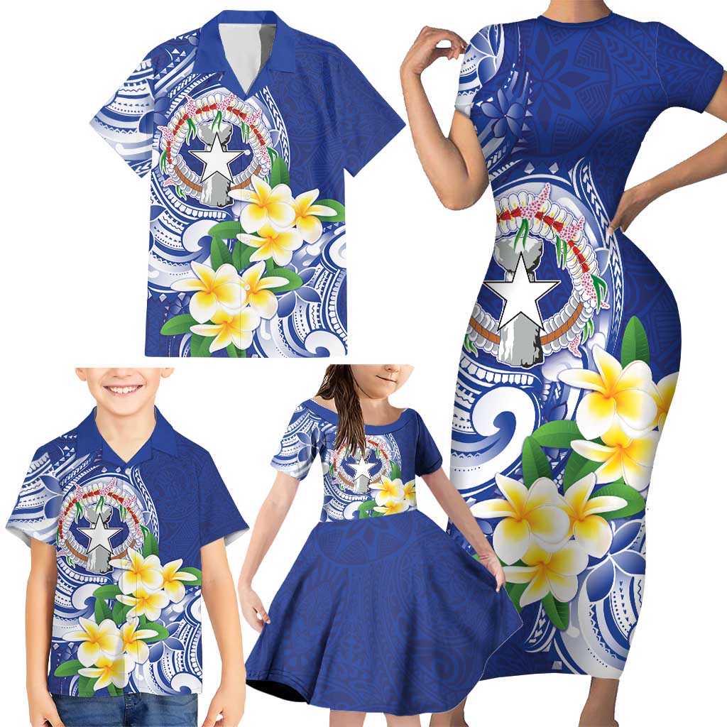 Northern Mariana Islands Family Matching Short Sleeve Bodycon Dress and Hawaiian Shirt Polynesian Pattern With Frangipani