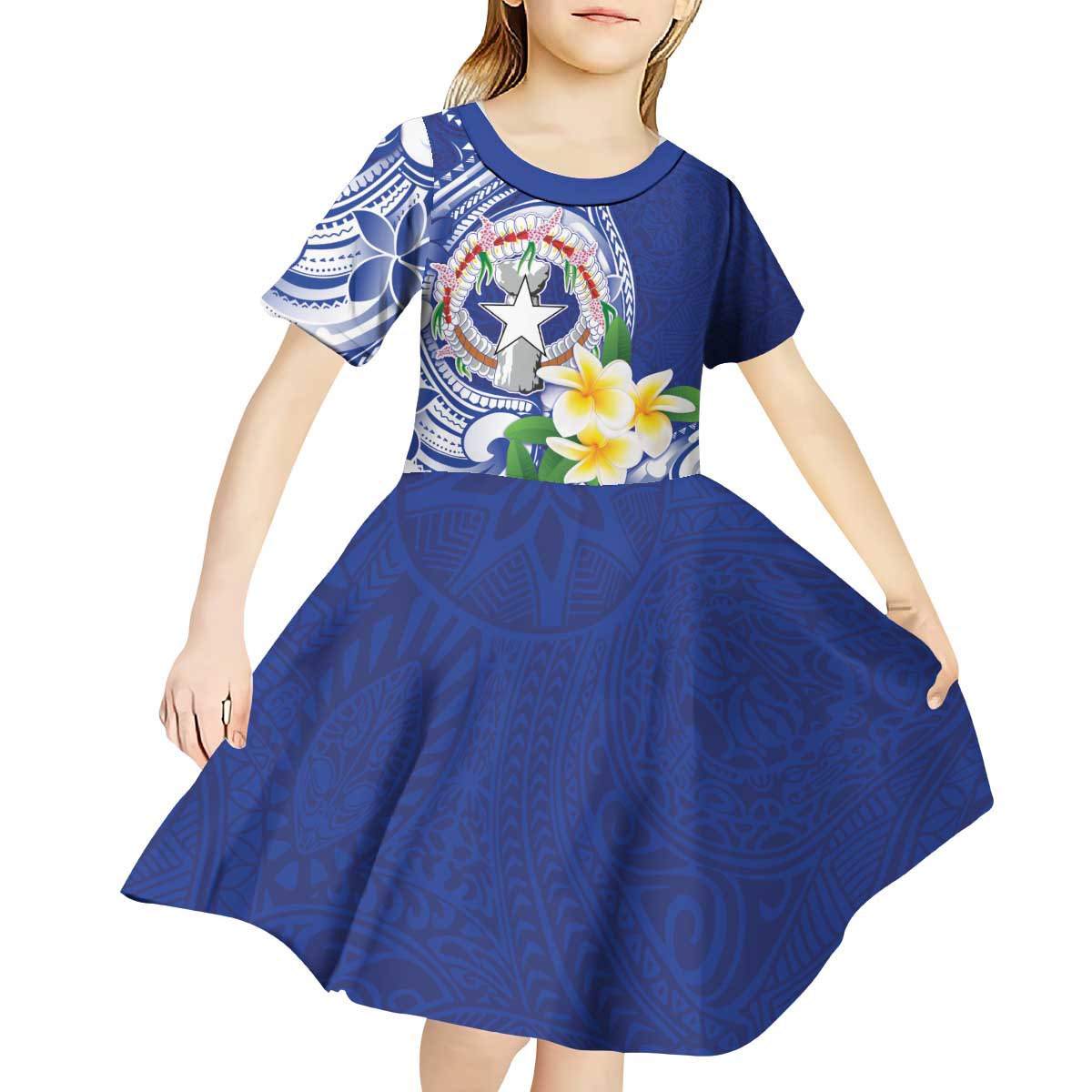 Northern Mariana Islands Kid Short Sleeve Dress Polynesian Pattern With Frangipani