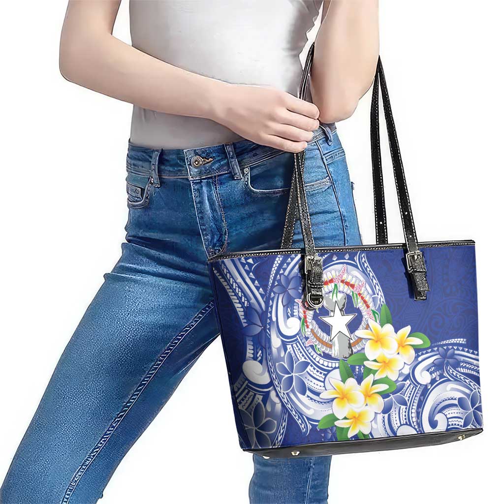Northern Mariana Islands Leather Tote Bag Polynesian Pattern With Frangipani