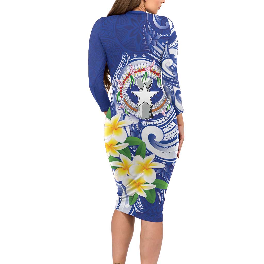 Northern Mariana Islands Long Sleeve Bodycon Dress Polynesian Pattern With Frangipani