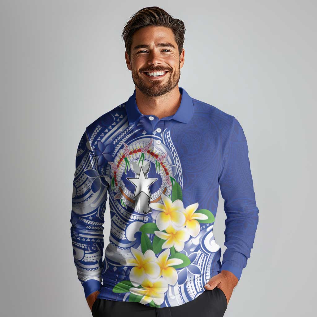 Northern Mariana Islands Long Sleeve Polo Shirt Polynesian Pattern With Frangipani