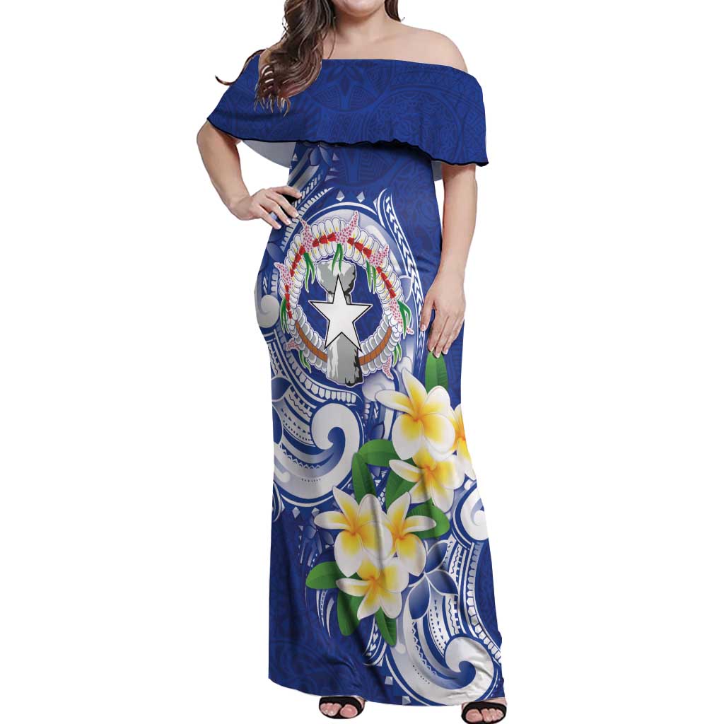Northern Mariana Islands Off Shoulder Maxi Dress Polynesian Pattern With Frangipani