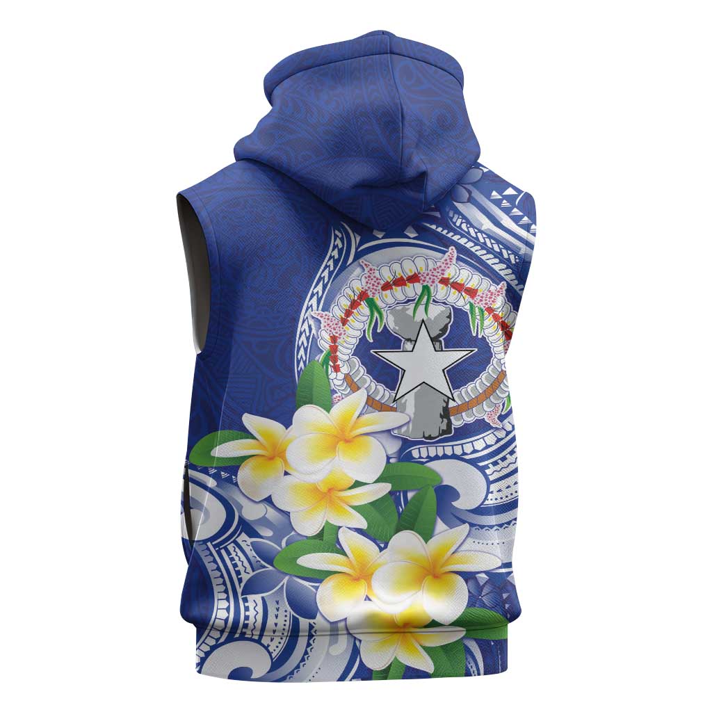 Northern Mariana Islands Sleeveless Zip Hoodie Polynesian Pattern With Frangipani