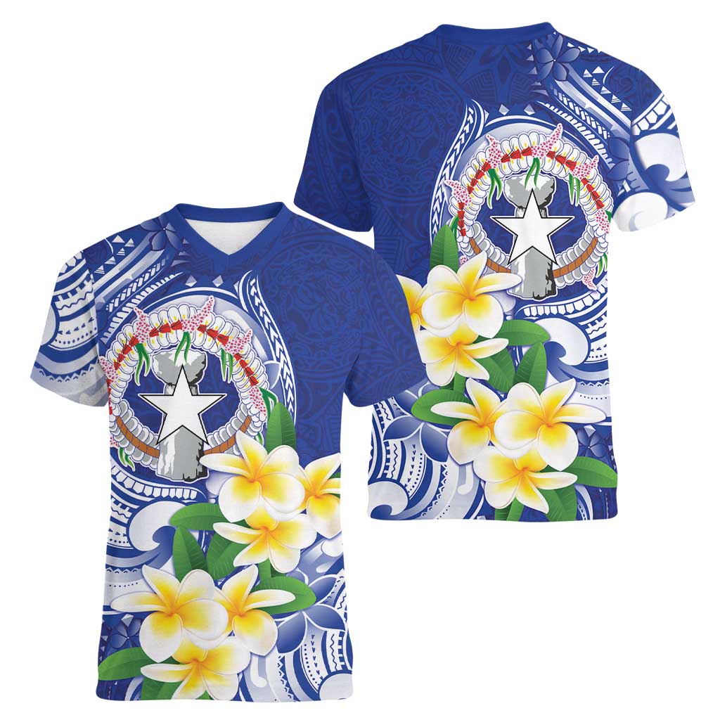 Northern Mariana Islands Women V-Neck T-Shirt Polynesian Pattern With Frangipani