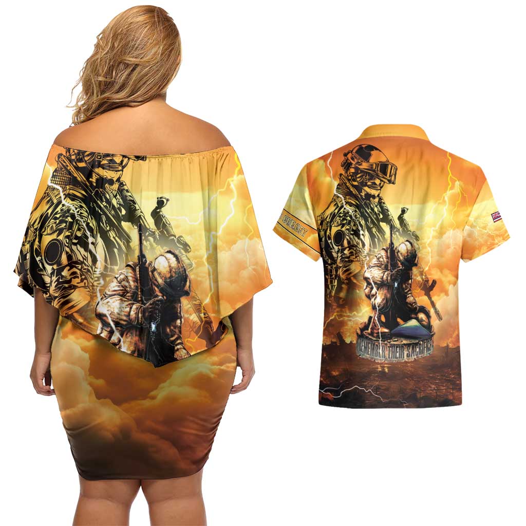 Hawaii Memorial Day Couples Matching Off Shoulder Short Dress and Hawaiian Shirt Remember Their Sacrifice