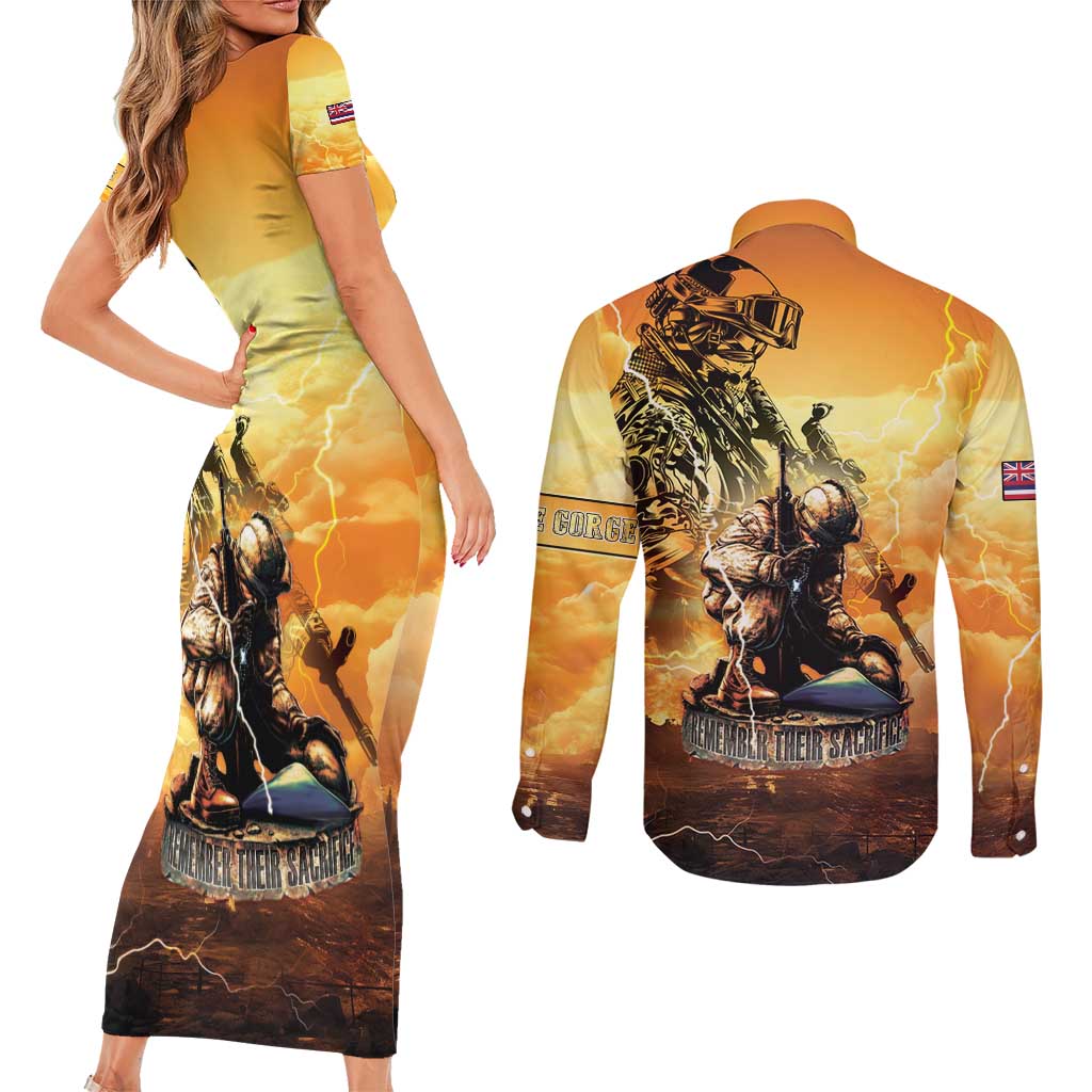 Hawaii Memorial Day Couples Matching Short Sleeve Bodycon Dress and Long Sleeve Button Shirt Remember Their Sacrifice