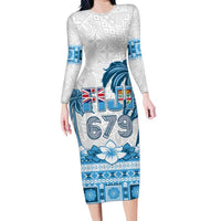 Fiji 679 Constitution Day Family Matching Long Sleeve Bodycon Dress and Hawaiian Shirt Fijian Tapa Pattern LT05 Mom's Dress Blue - Polynesian Pride