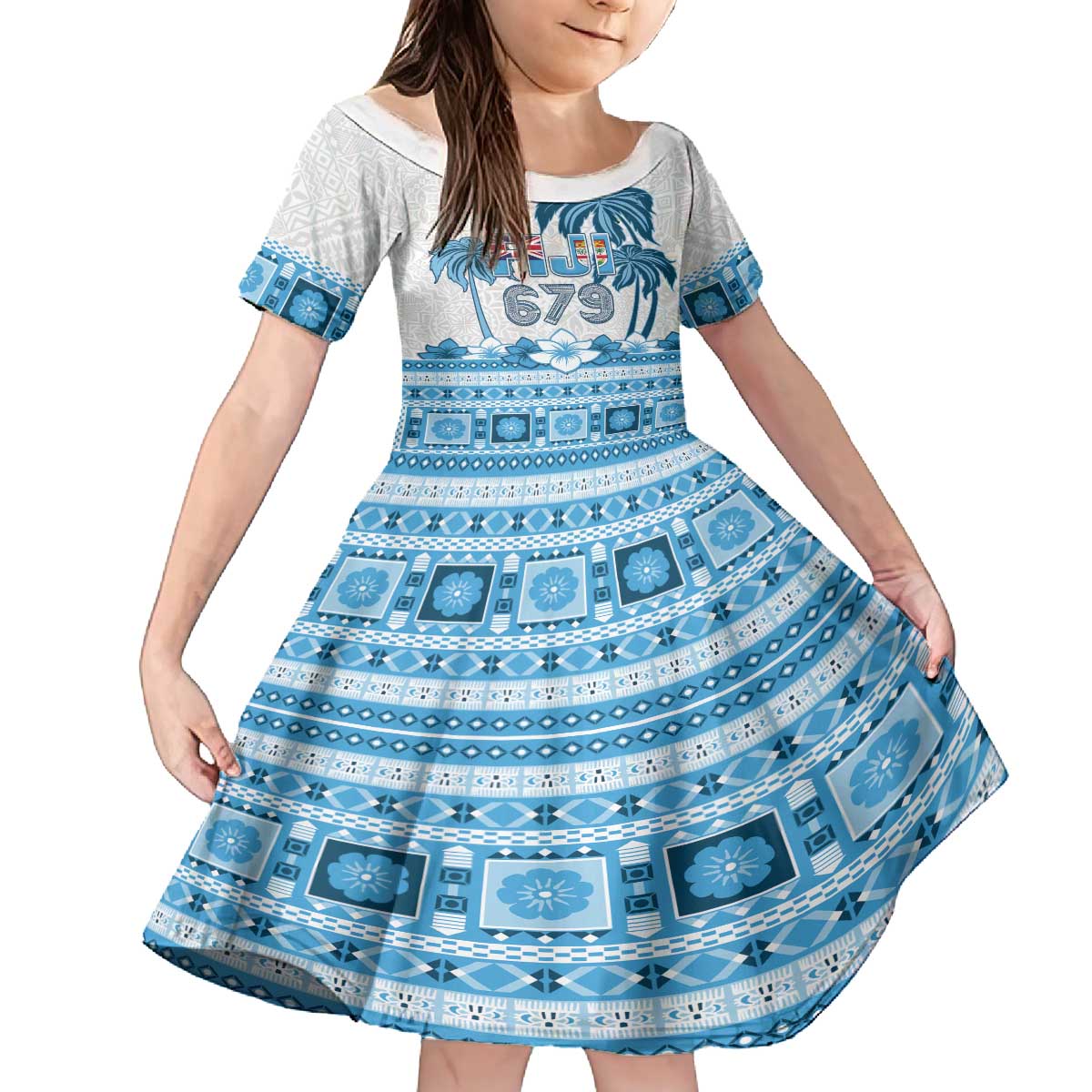 Fiji 679 Constitution Day Family Matching Off The Shoulder Long Sleeve Dress and Hawaiian Shirt Fijian Tapa Pattern LT05 Daughter's Dress Blue - Polynesian Pride