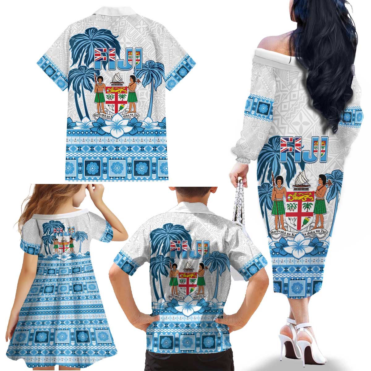 Fiji 679 Constitution Day Family Matching Off The Shoulder Long Sleeve Dress and Hawaiian Shirt Fijian Tapa Pattern LT05 - Polynesian Pride
