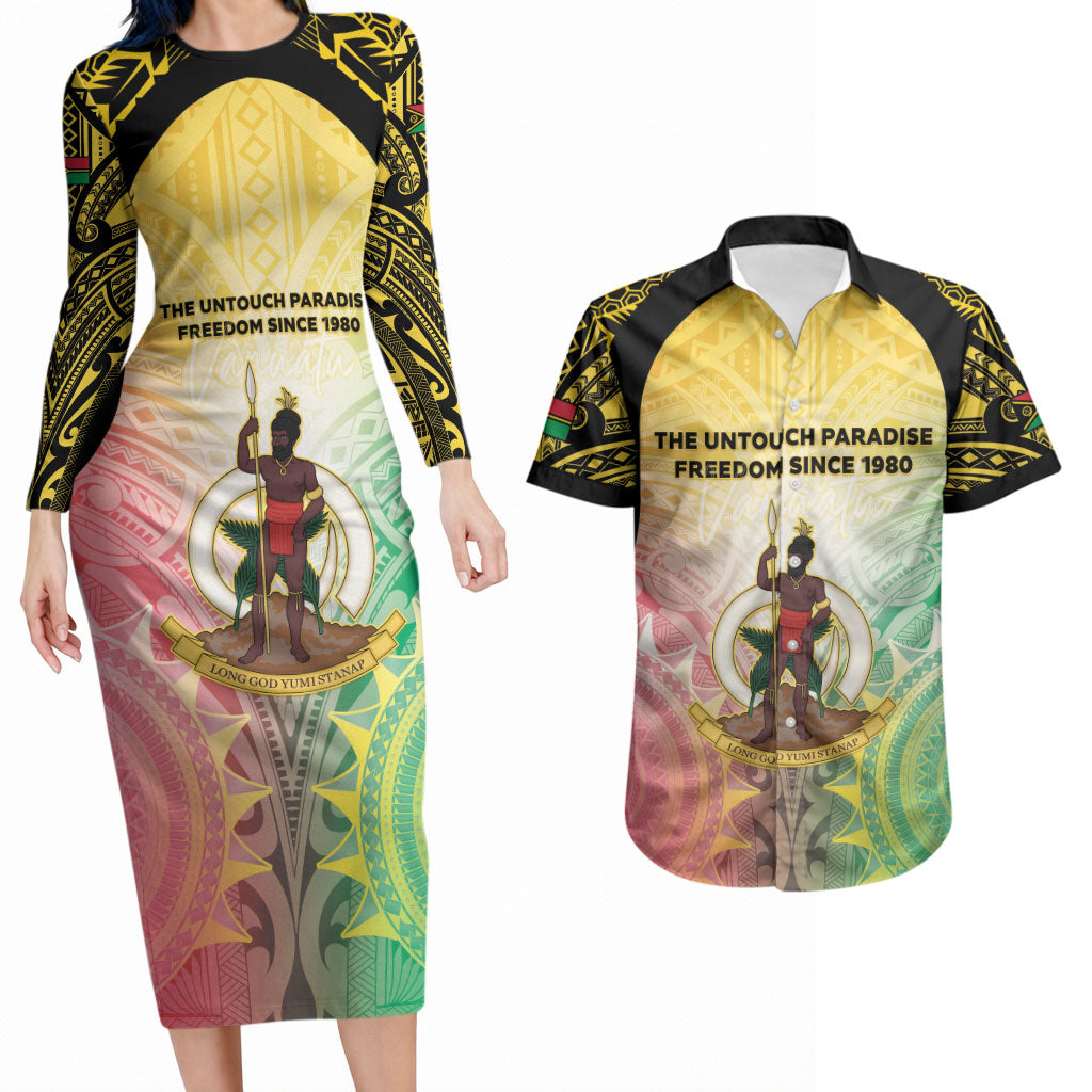 Vanuatu Independence Day Couples Matching Long Sleeve Bodycon Dress and Hawaiian Shirt The Untouched Paradise LT05 Colorful - Polynesian Pride