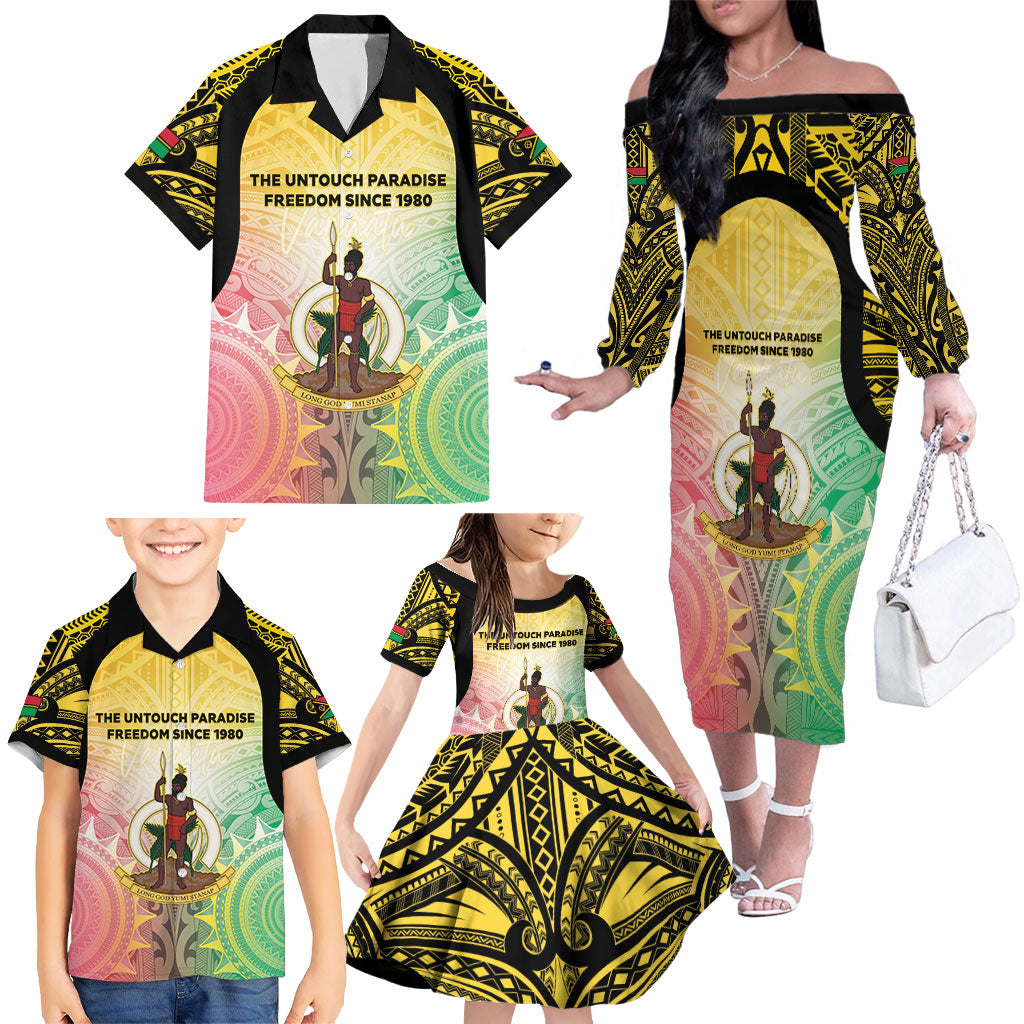 Vanuatu Independence Day Family Matching Off The Shoulder Long Sleeve Dress and Hawaiian Shirt The Untouched Paradise