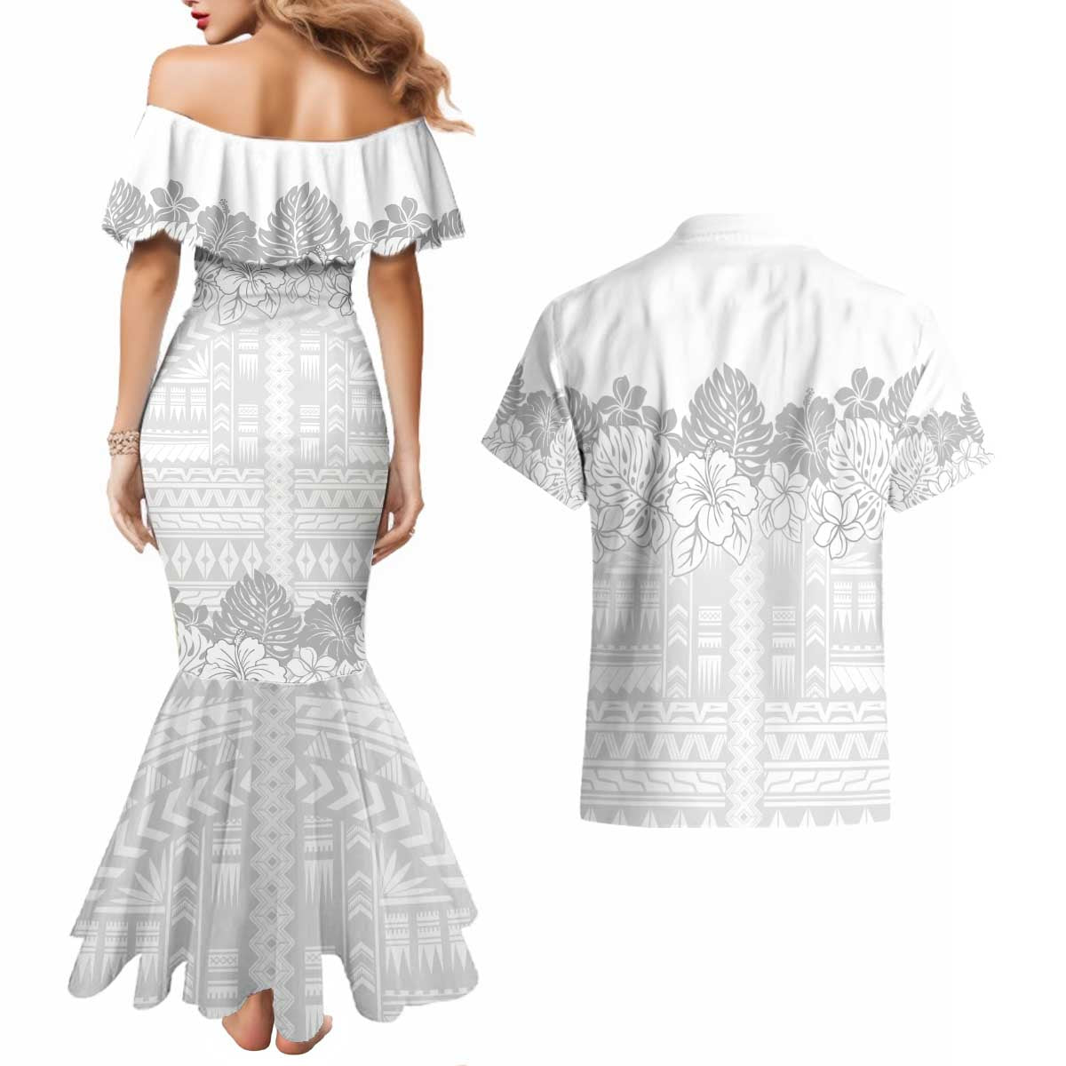 Samoa Lotu Tamaiti Couples Matching Mermaid Dress and Hawaiian Shirt White Sunday Polynesian Pattern With Tropical Flowers