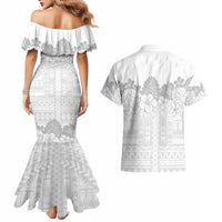 Samoa Lotu Tamaiti Couples Matching Mermaid Dress and Hawaiian Shirt White Sunday Polynesian Pattern With Tropical Flowers