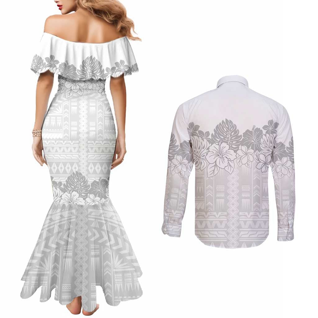 Samoa Lotu Tamaiti Couples Matching Mermaid Dress and Long Sleeve Button Shirt White Sunday Polynesian Pattern With Tropical Flowers