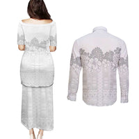 Samoa Lotu Tamaiti Couples Matching Puletasi and Long Sleeve Button Shirt White Sunday Polynesian Pattern With Tropical Flowers