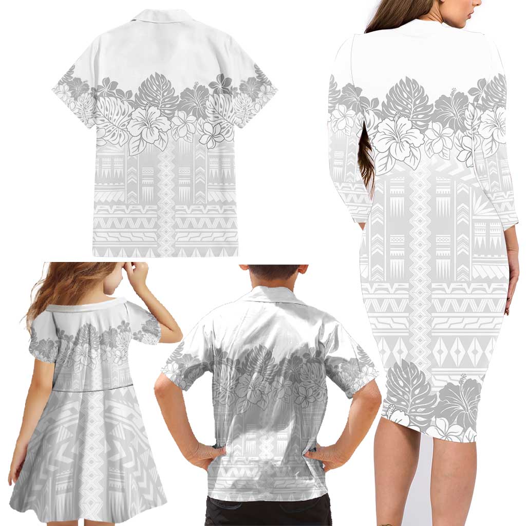 Samoa Lotu Tamaiti Family Matching Long Sleeve Bodycon Dress and Hawaiian Shirt White Sunday Polynesian Pattern With Tropical Flowers LT05 - Polynesian Pride
