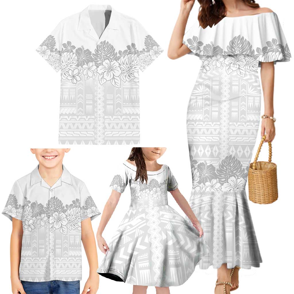 Samoa Lotu Tamaiti Family Matching Mermaid Dress and Hawaiian Shirt White Sunday Polynesian Pattern With Tropical Flowers LT05 - Polynesian Pride