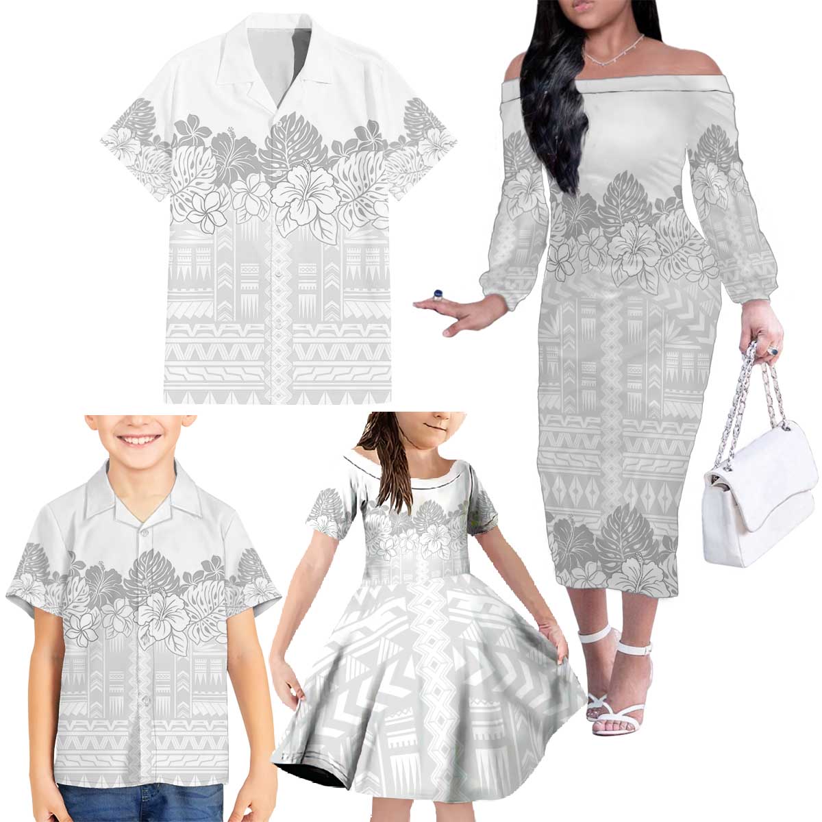 Samoa Lotu Tamaiti Family Matching Off The Shoulder Long Sleeve Dress and Hawaiian Shirt White Sunday Polynesian Pattern With Tropical Flowers LT05 - Polynesian Pride