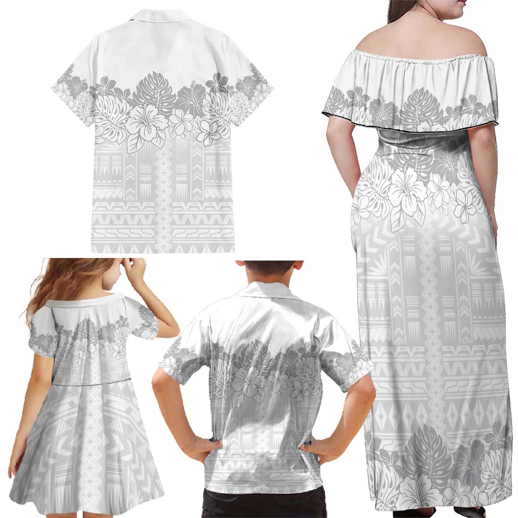 Samoa Lotu Tamaiti Family Matching Off Shoulder Maxi Dress and Hawaiian Shirt White Sunday Polynesian Pattern With Tropical Flowers LT05 - Polynesian Pride
