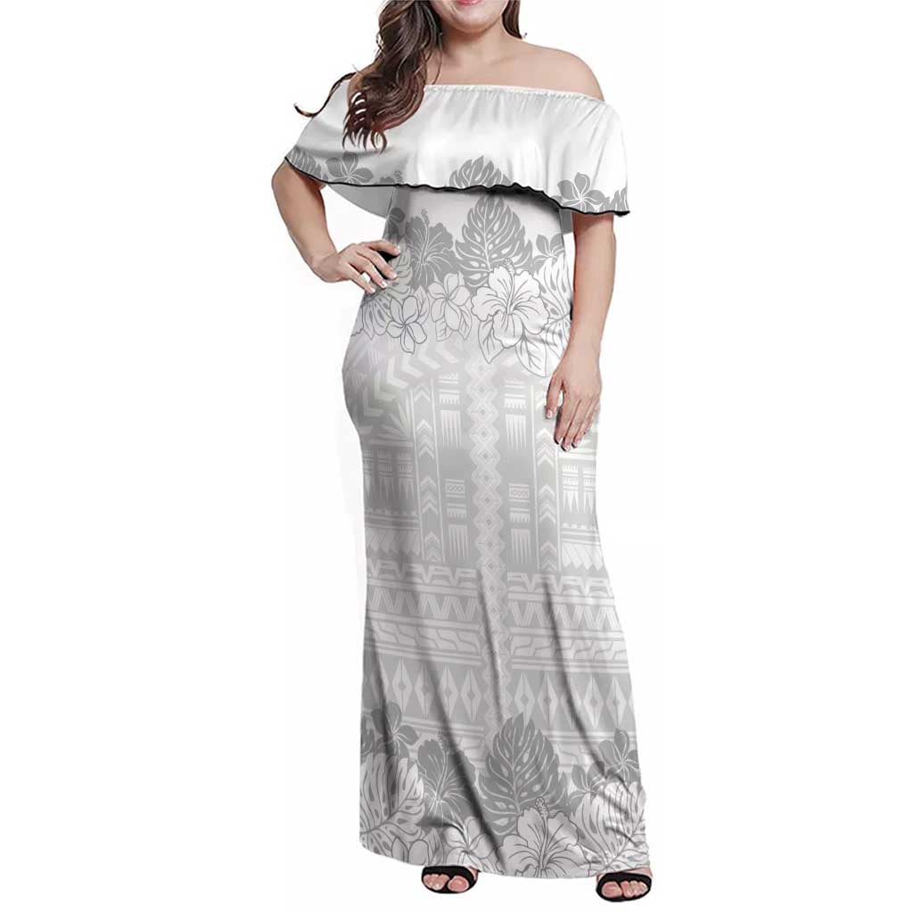Samoa Lotu Tamaiti Family Matching Off Shoulder Maxi Dress and Hawaiian Shirt White Sunday Polynesian Pattern With Tropical Flowers LT05 Mom's Dress White - Polynesian Pride