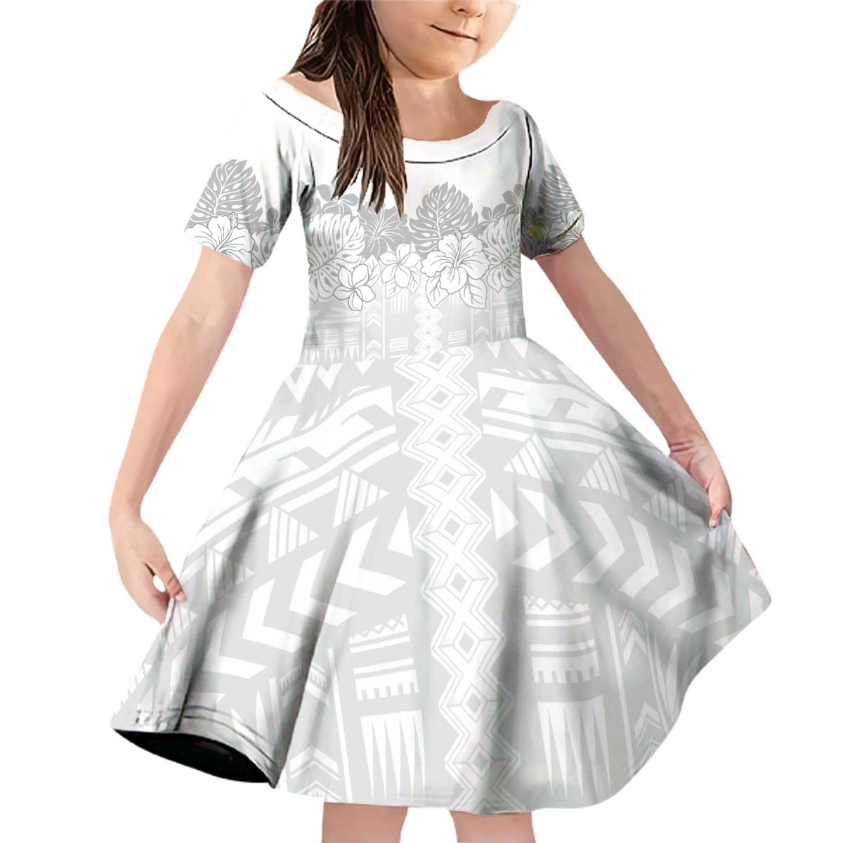 Samoa Lotu Tamaiti Family Matching Off Shoulder Short Dress and Hawaiian Shirt White Sunday Polynesian Pattern With Tropical Flowers LT05 Daughter's Dress White - Polynesian Pride