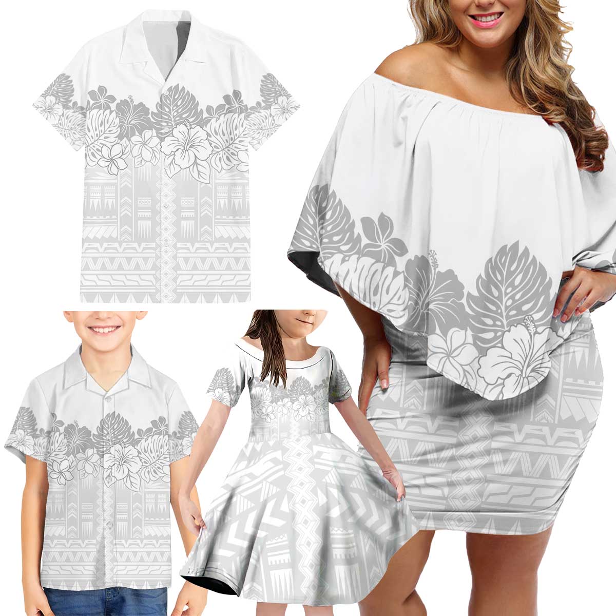 Samoa Lotu Tamaiti Family Matching Off Shoulder Short Dress and Hawaiian Shirt White Sunday Polynesian Pattern With Tropical Flowers LT05 - Polynesian Pride