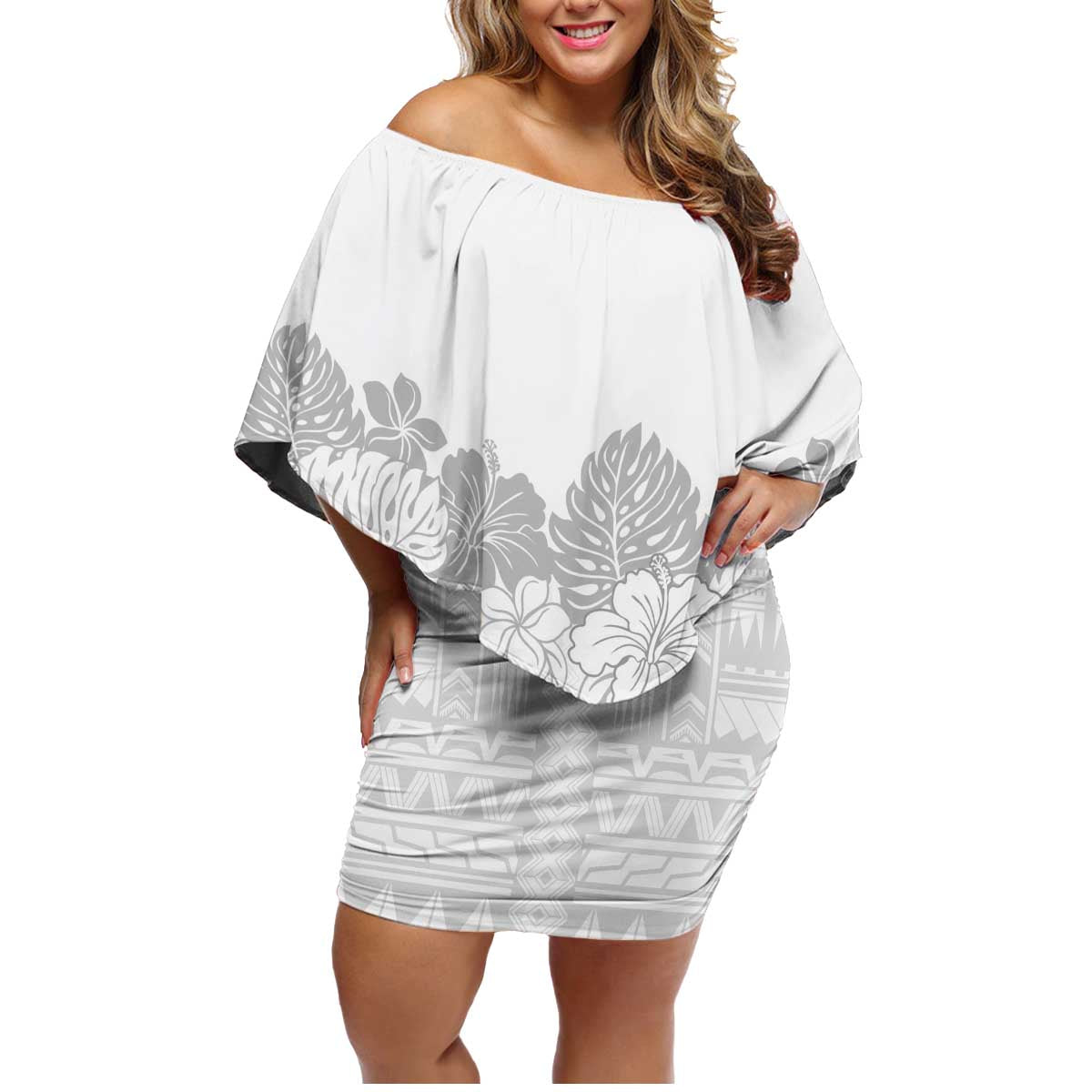 Samoa Lotu Tamaiti Family Matching Off Shoulder Short Dress and Hawaiian Shirt White Sunday Polynesian Pattern With Tropical Flowers LT05 Mom's Dress White - Polynesian Pride