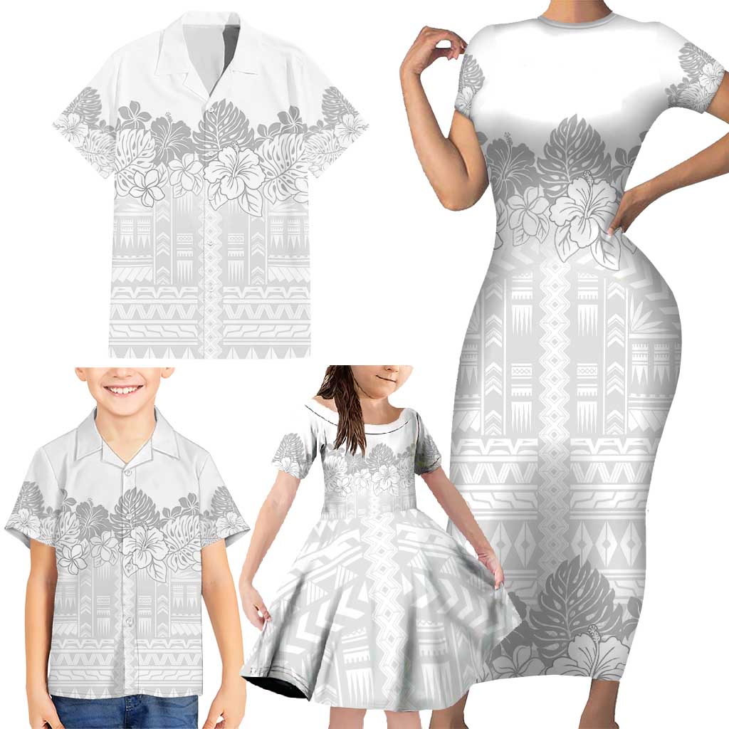 Samoa Lotu Tamaiti Family Matching Short Sleeve Bodycon Dress and Hawaiian Shirt White Sunday Polynesian Pattern With Tropical Flowers LT05 - Polynesian Pride