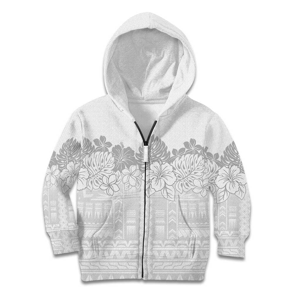 Samoa Lotu Tamaiti Kid Hoodie White Sunday Polynesian Pattern With Tropical Flowers LT05 Zip Hoodie White - Polynesian Pride
