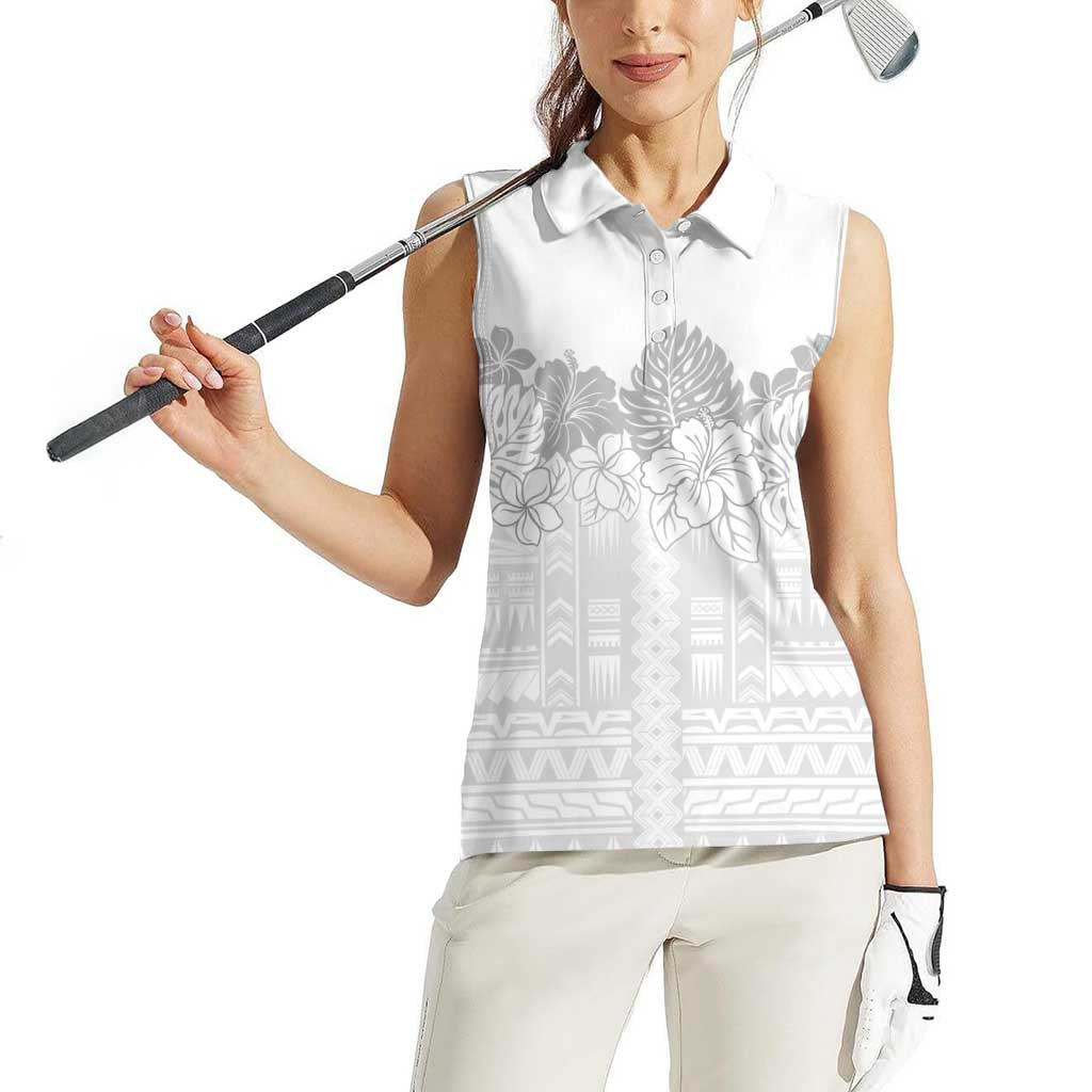 Samoa Lotu Tamaiti Women Sleeveless Polo Shirt White Sunday Polynesian Pattern With Tropical Flowers