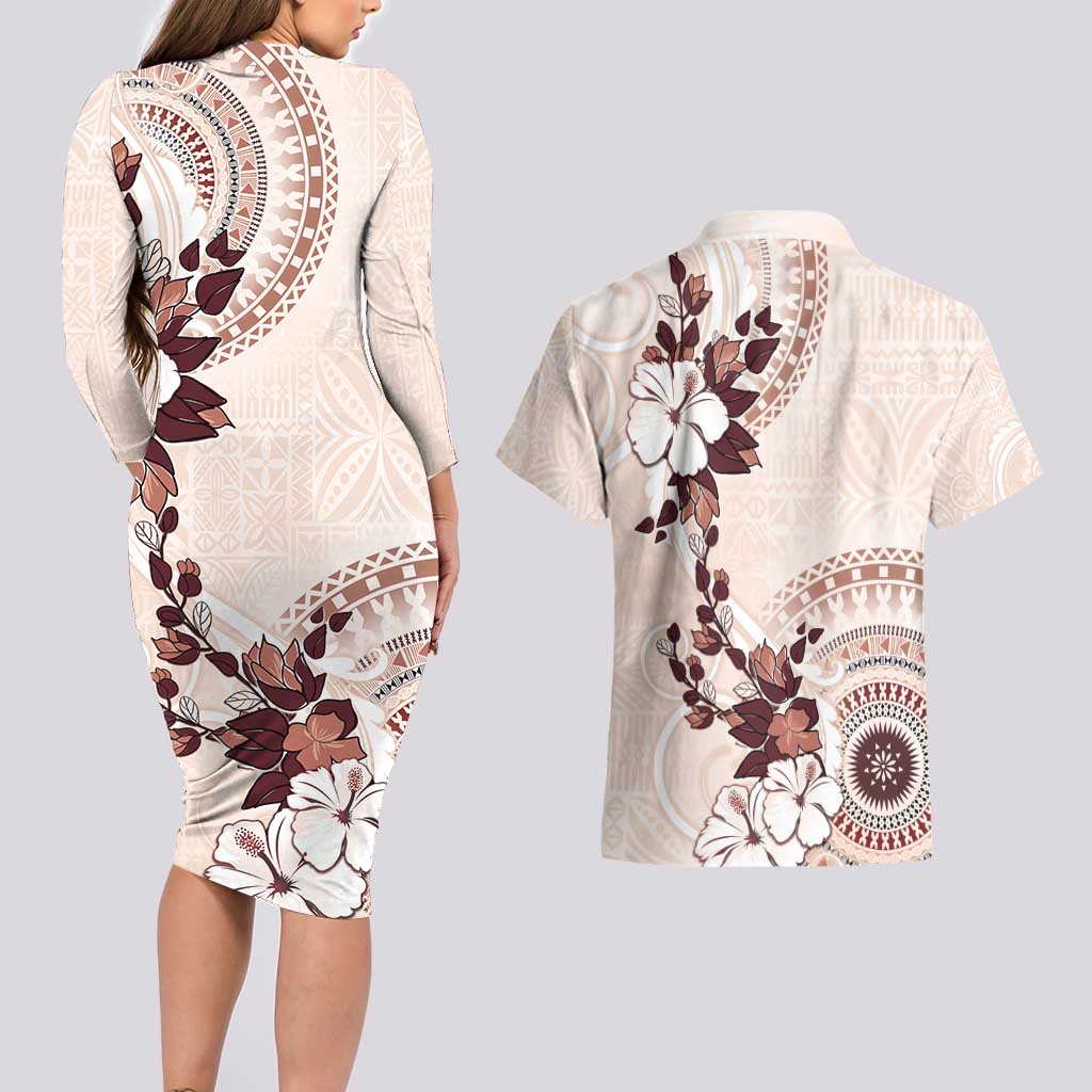 Bula Fiji Language Week Couples Matching Long Sleeve Bodycon Dress and Hawaiian Shirt Fijian Tapa Pattern With Tagimoucia Flower LT05 - Polynesian Pride
