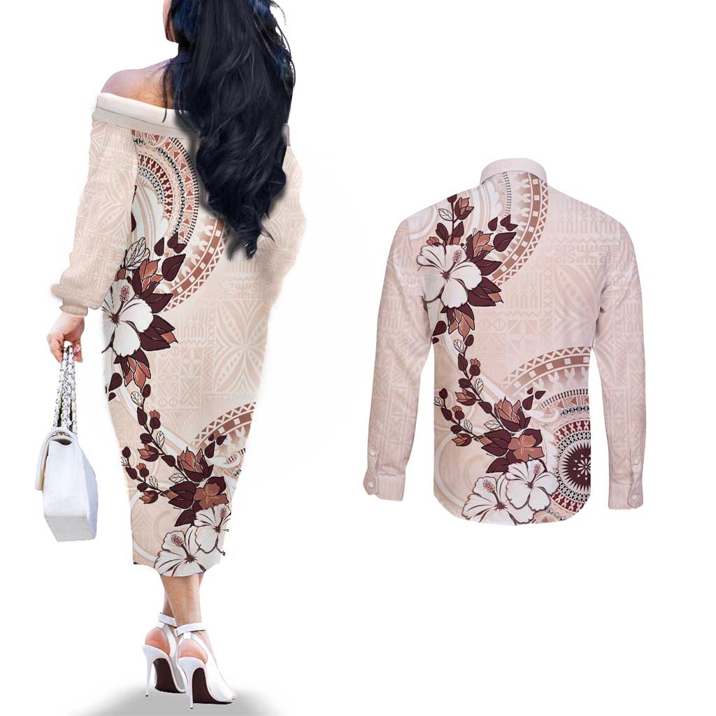 Bula Fiji Language Week Couples Matching Off The Shoulder Long Sleeve Dress and Long Sleeve Button Shirt Fijian Tapa Pattern With Tagimoucia Flower LT05 - Polynesian Pride