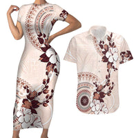Bula Fiji Language Week Couples Matching Short Sleeve Bodycon Dress and Hawaiian Shirt Fijian Tapa Pattern With Tagimoucia Flower LT05 Beige - Polynesian Pride