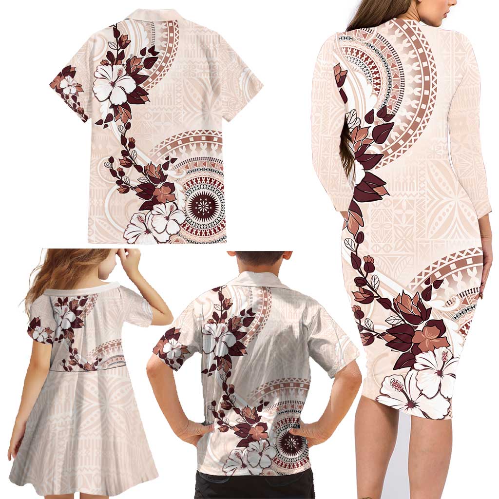 Bula Fiji Language Week Family Matching Long Sleeve Bodycon Dress and Hawaiian Shirt Fijian Tapa Pattern With Tagimoucia Flower LT05 - Polynesian Pride