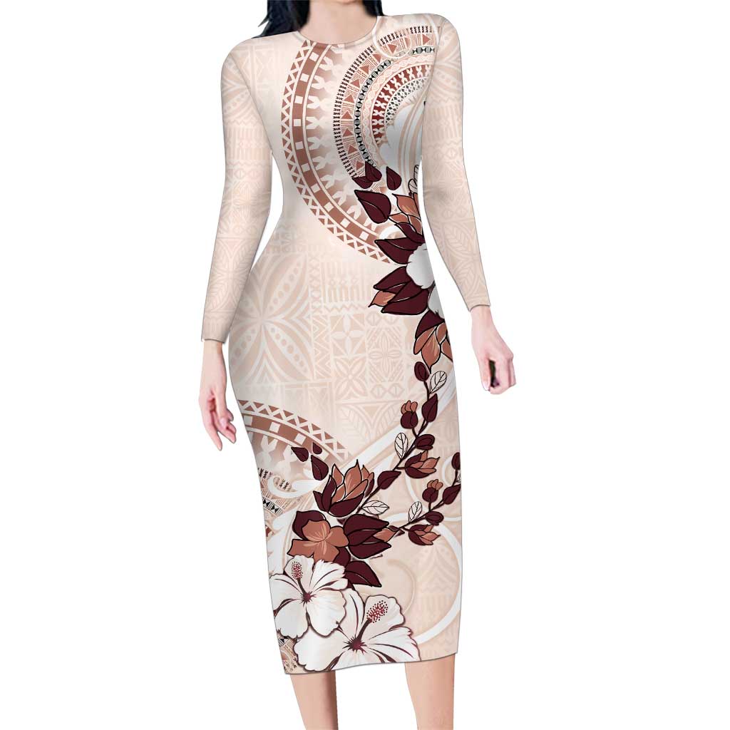 Bula Fiji Language Week Family Matching Long Sleeve Bodycon Dress and Hawaiian Shirt Fijian Tapa Pattern With Tagimoucia Flower LT05 Mom's Dress Beige - Polynesian Pride