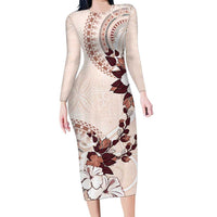 Bula Fiji Language Week Family Matching Long Sleeve Bodycon Dress and Hawaiian Shirt Fijian Tapa Pattern With Tagimoucia Flower LT05 Mom's Dress Beige - Polynesian Pride