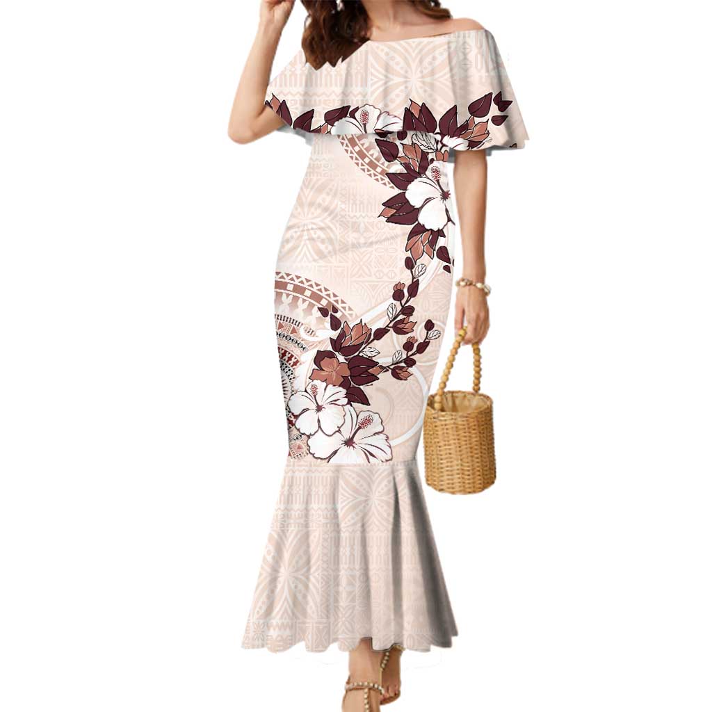 Bula Fiji Language Week Family Matching Mermaid Dress and Hawaiian Shirt Fijian Tapa Pattern With Tagimoucia Flower LT05 Mom's Dress Beige - Polynesian Pride