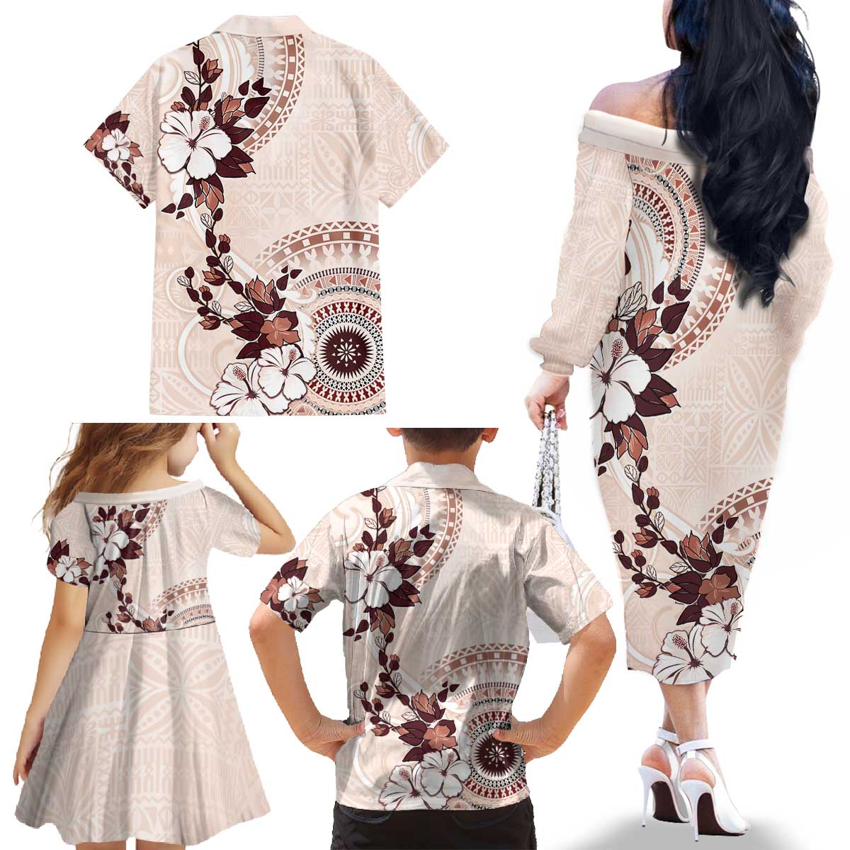 Bula Fiji Language Week Family Matching Off The Shoulder Long Sleeve Dress and Hawaiian Shirt Fijian Tapa Pattern With Tagimoucia Flower LT05 - Polynesian Pride