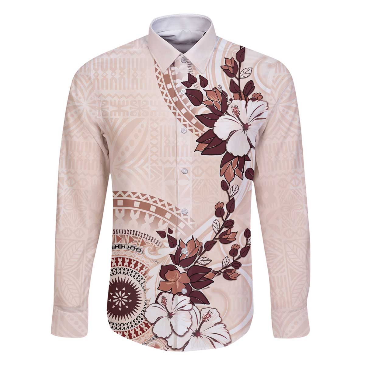 Bula Fiji Language Week Family Matching Off The Shoulder Long Sleeve Dress and Hawaiian Shirt Fijian Tapa Pattern With Tagimoucia Flower LT05 Dad's Shirt - Long Sleeve Beige - Polynesian Pride