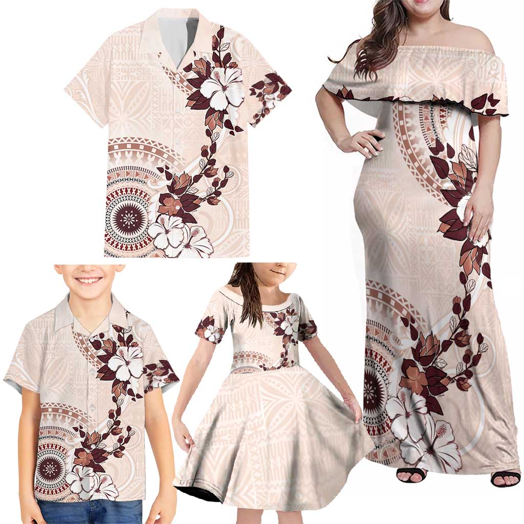 Bula Fiji Language Week Family Matching Off Shoulder Maxi Dress and Hawaiian Shirt Fijian Tapa Pattern With Tagimoucia Flower LT05 - Polynesian Pride