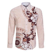 Bula Fiji Language Week Family Matching Off Shoulder Maxi Dress and Hawaiian Shirt Fijian Tapa Pattern With Tagimoucia Flower LT05 Dad's Shirt - Long Sleeve Beige - Polynesian Pride