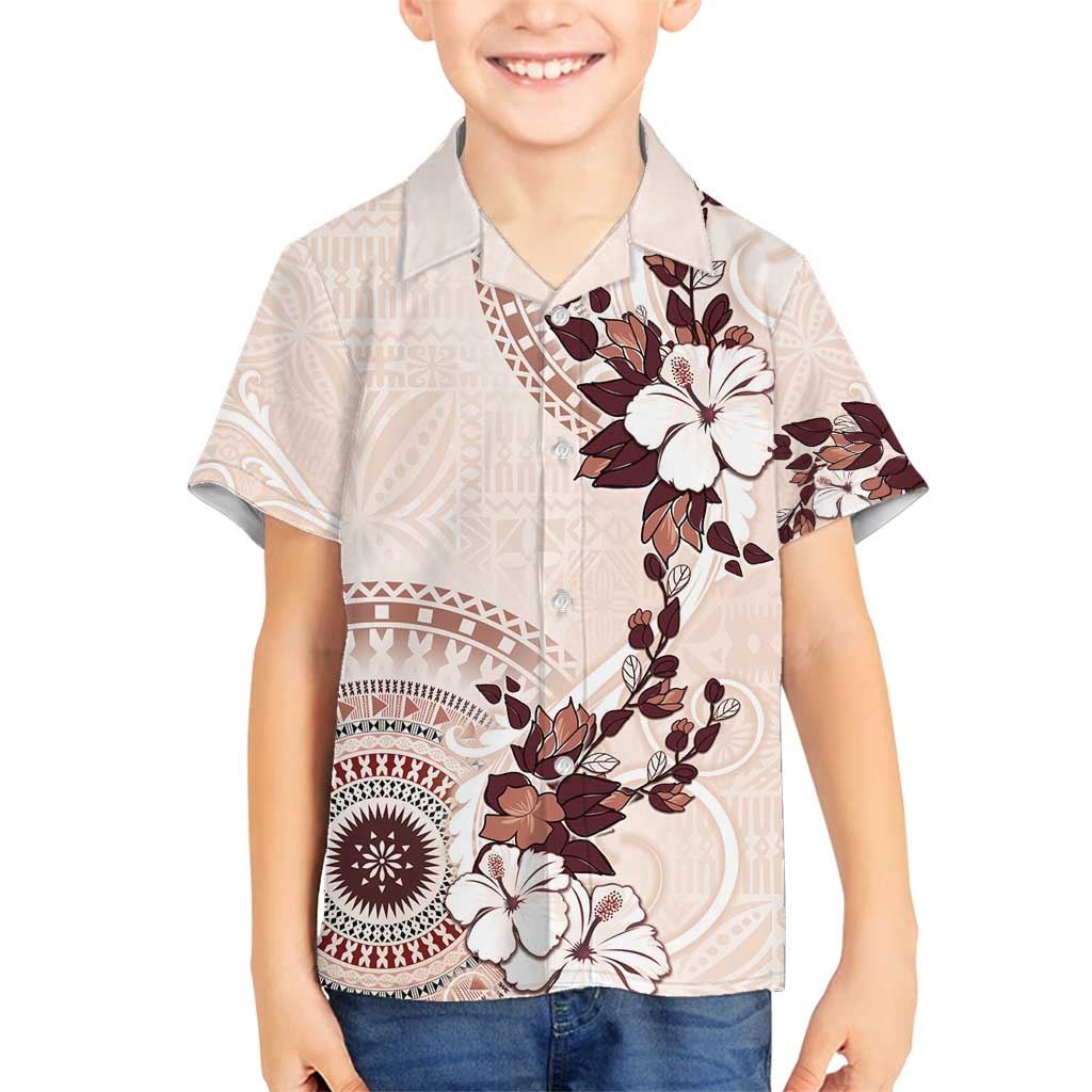 Bula Fiji Language Week Family Matching Off Shoulder Maxi Dress and Hawaiian Shirt Fijian Tapa Pattern With Tagimoucia Flower LT05 Son's Shirt Beige - Polynesian Pride