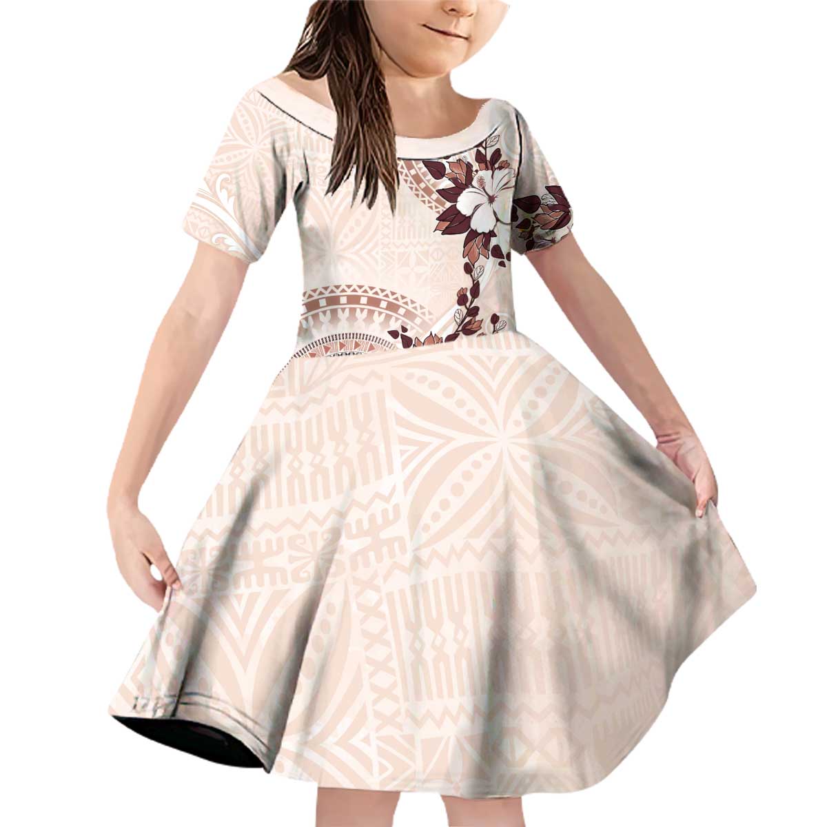 Bula Fiji Language Week Family Matching Off Shoulder Short Dress and Hawaiian Shirt Fijian Tapa Pattern With Tagimoucia Flower LT05 Daughter's Dress Beige - Polynesian Pride