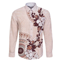 Bula Fiji Language Week Family Matching Puletasi and Hawaiian Shirt Fijian Tapa Pattern With Tagimoucia Flower LT05 Dad's Shirt - Long Sleeve Beige - Polynesian Pride