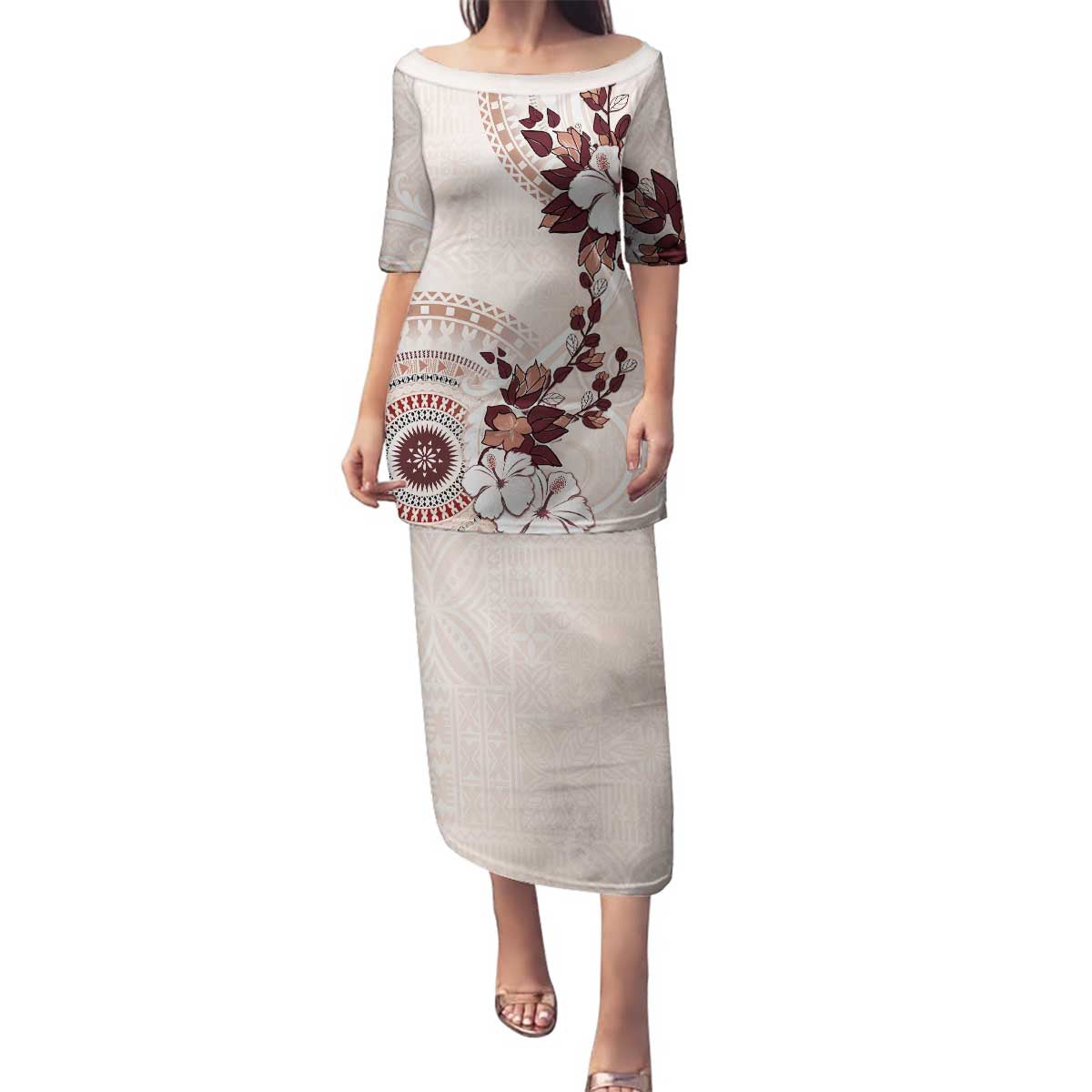 Bula Fiji Language Week Family Matching Puletasi and Hawaiian Shirt Fijian Tapa Pattern With Tagimoucia Flower LT05 Mom's Dress Beige - Polynesian Pride