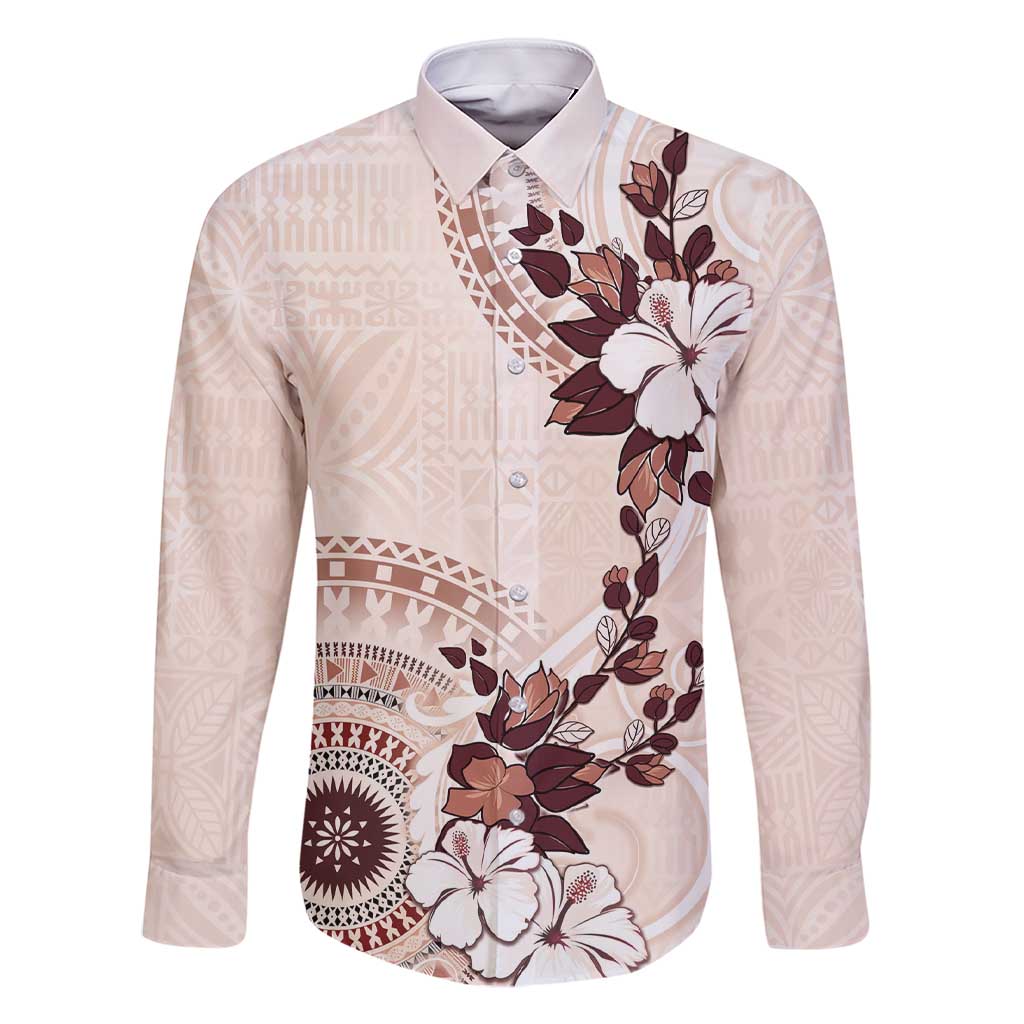 Bula Fiji Language Week Family Matching Short Sleeve Bodycon Dress and Hawaiian Shirt Fijian Tapa Pattern With Tagimoucia Flower LT05 Dad's Shirt - Long Sleeve Beige - Polynesian Pride