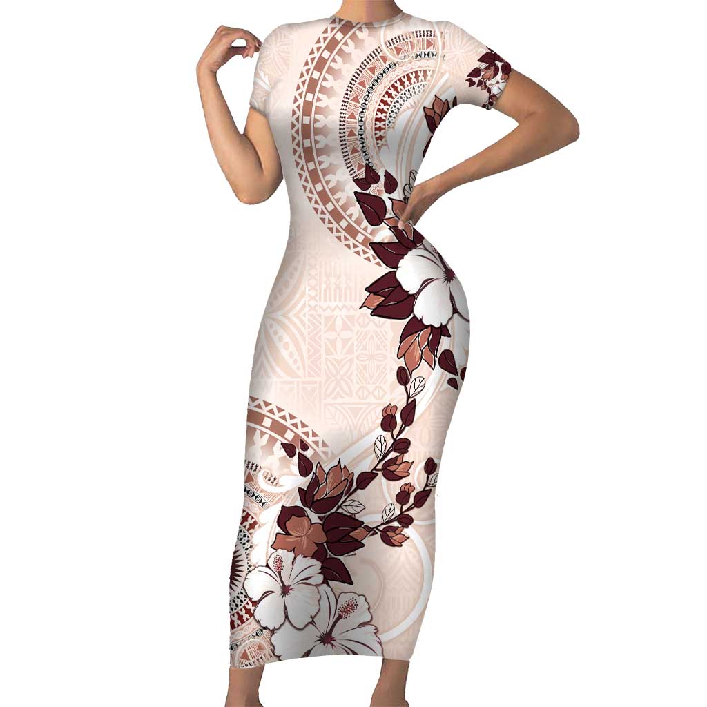 Bula Fiji Language Week Family Matching Short Sleeve Bodycon Dress and Hawaiian Shirt Fijian Tapa Pattern With Tagimoucia Flower LT05 Mom's Dress Beige - Polynesian Pride