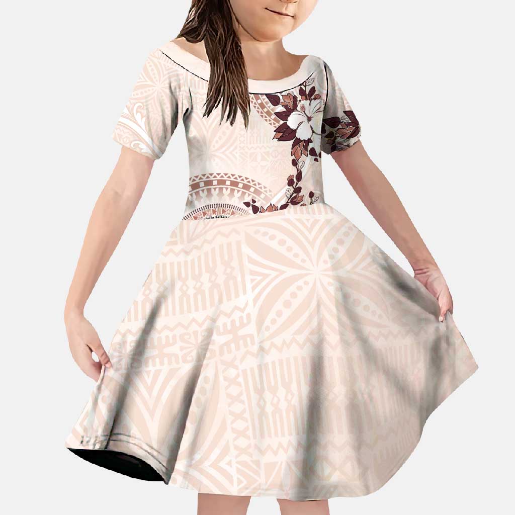 Bula Fiji Language Week Family Matching Tank Maxi Dress and Hawaiian Shirt Fijian Tapa Pattern With Tagimoucia Flower LT05 Daughter's Dress Beige - Polynesian Pride