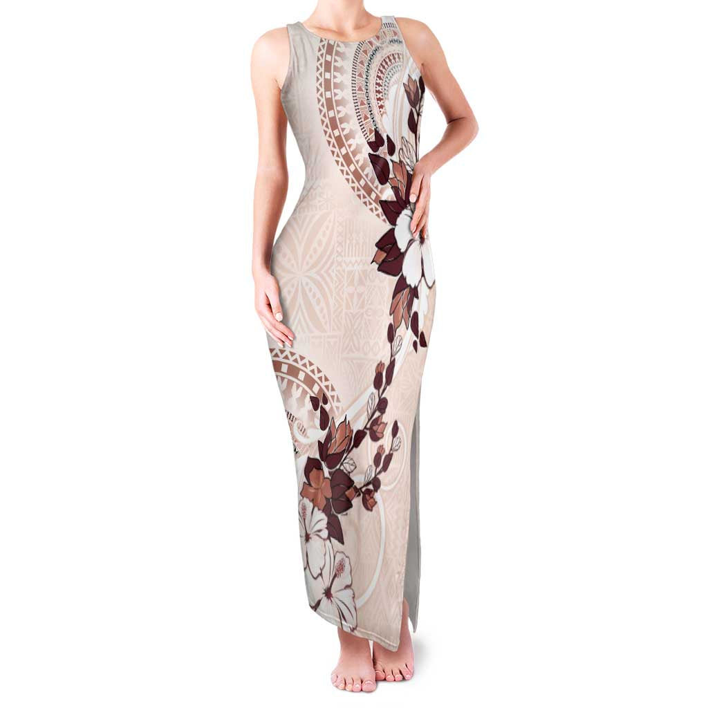 Bula Fiji Language Week Family Matching Tank Maxi Dress and Hawaiian Shirt Fijian Tapa Pattern With Tagimoucia Flower LT05 Mom's Dress Beige - Polynesian Pride
